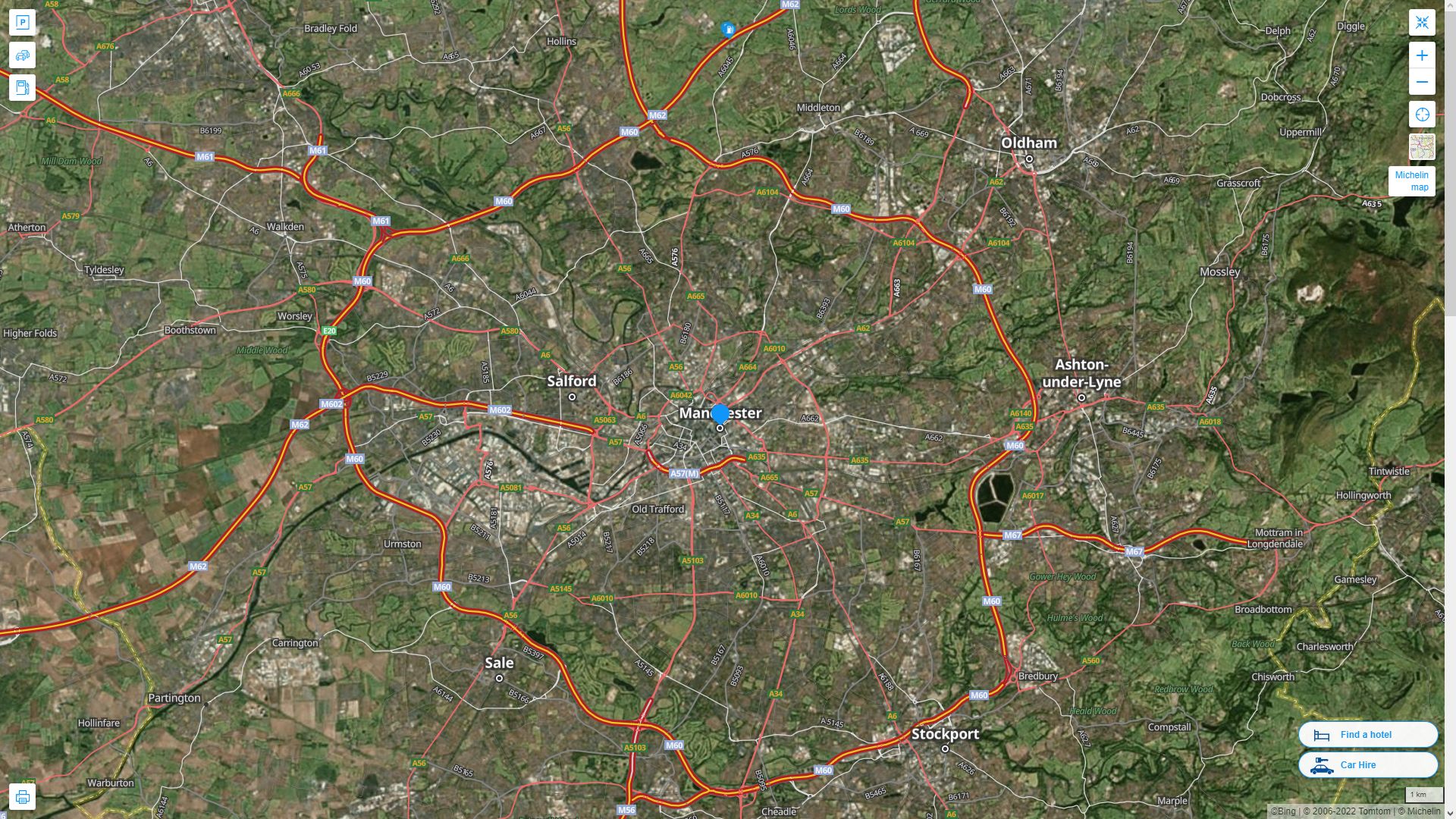 Manchester Royaume Uni Autoroute et carte routiere avec vue satellite